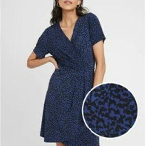 Navy Leopard Print Pleated Wrap Dress